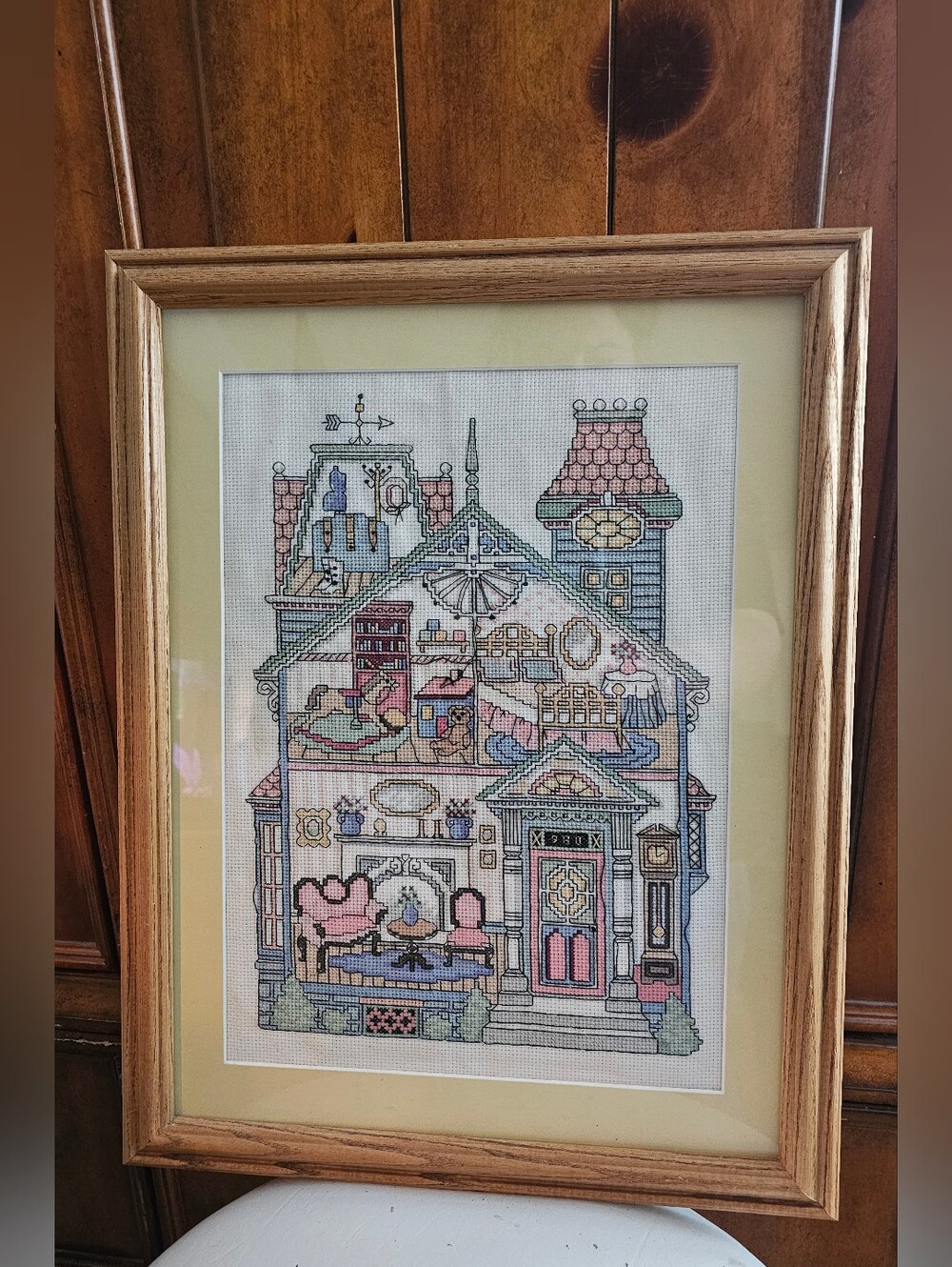 Vintage Oak Framed Victorian Dollhouse Cross Stitch Wall Art Embroidery 90s